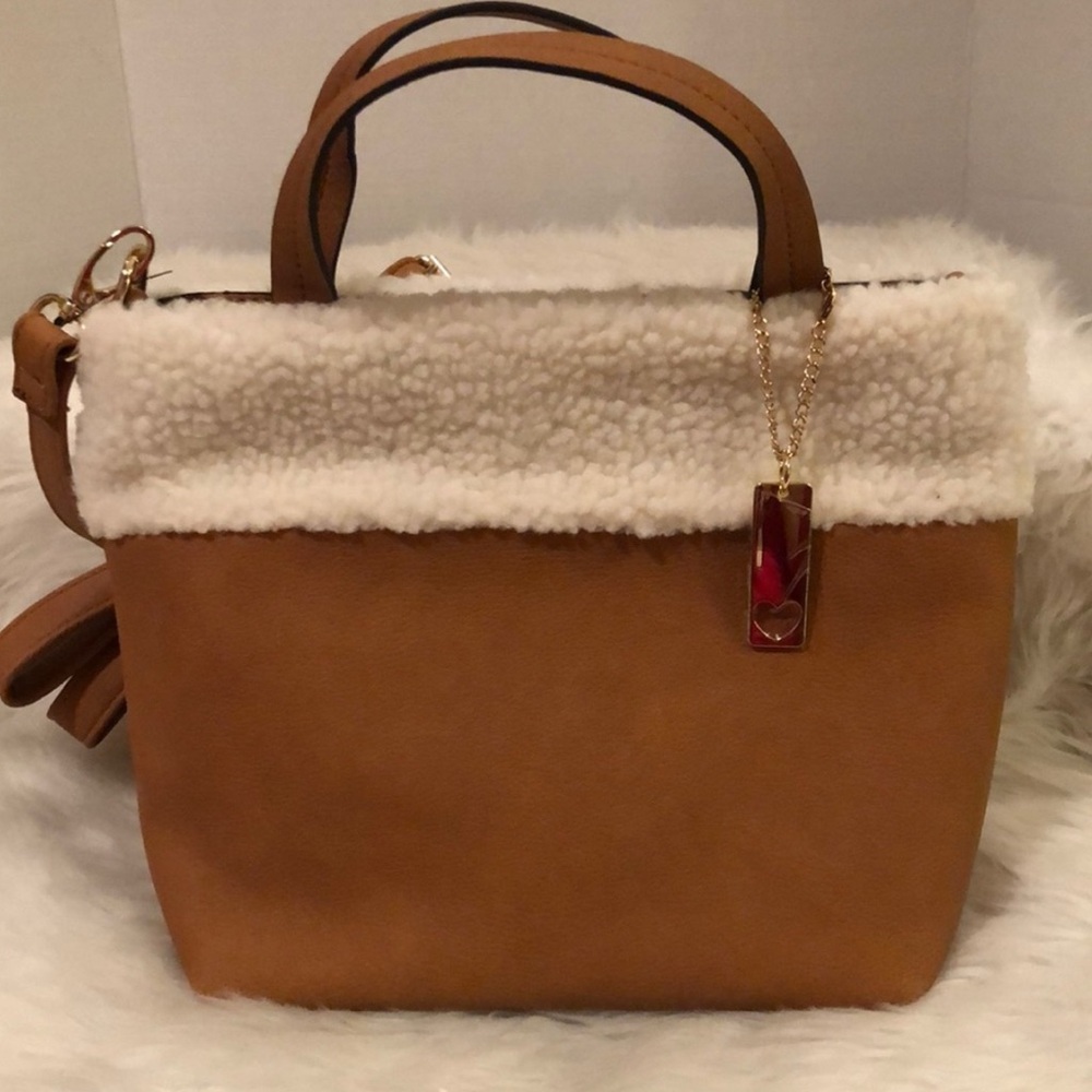 Nanette Lepore Vegan Leather Faux Shearling Tote Crossbody handbag